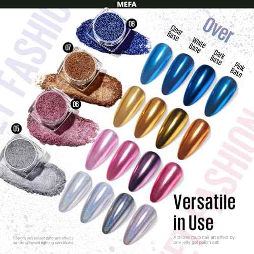 MEFA Chrome Powder for Nails 4 pcs, Mirror Effect Nail Powder Holographic Aurora Iridescent Pearlescent Manicure Nail Art Decoration Glitter Metallic Gold Pink Blue Grey Chrome Nail Powder Kit