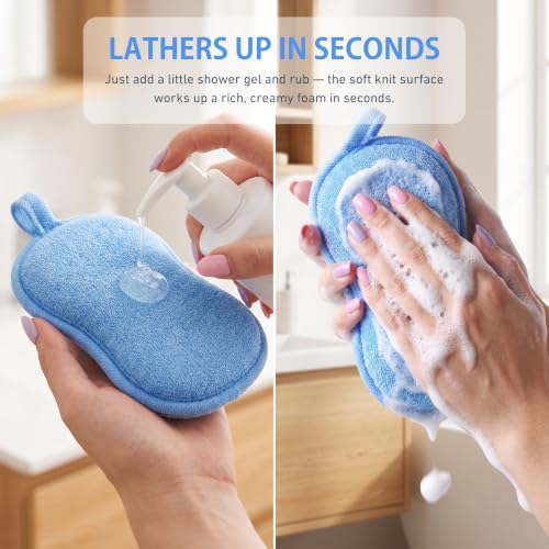 Baby Bath Sponge 2 Pack - Soft Kids Exfoliating Washcloths for Toddler Bathing, Green & Blue
