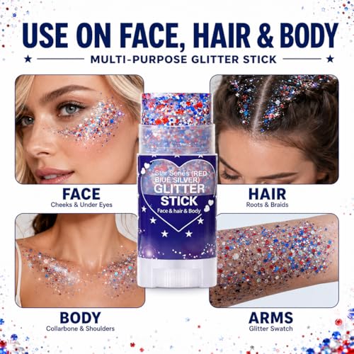 Red White & Blue Patriotic Glitter Stick, Waterproof 4th of July
