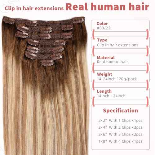 human hair clip in extensions Soft&Natural clip in hair extensions real human hair 120g 7pcs Straight&Invisible (14Inch #3822)