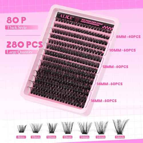 DIY Eyelash Extension Kit D-Curly Wispy Volume Lash Clusters Individual Lashes Lash Extension Kit with Lash Bond and Seal Applicator Tool for Self Application at Home (80P-280Pcs-Mix10-16mm-0.07D)