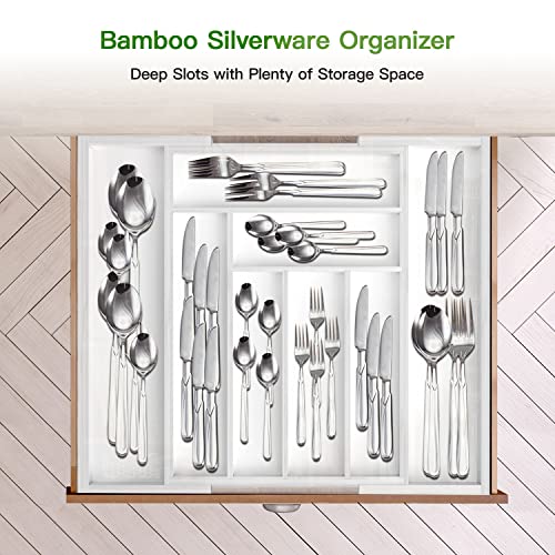 Pipishell Bamboo Expandable Drawer Organizer for Utensils Holder, Adjustable Cutlery Tray, Wood Drawer Dividers Organizer for Silverware, Flatware, Knives in Kitchen, Bedroom, Living Room (White)