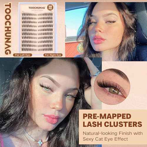 Natural Lash Clusters Wispy Eyelash Clusters C Curl Left&Right Cluster Eyelashes Extensions 180pcs Cluster Lashes DIY Individual Lash Extension Thin Band Cat Eye Lashes by TOOCHUNAG