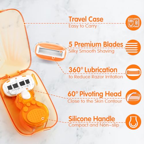 Travel Razors for Women Include 1 Handle and 5 Cartridges, Extra Smooth 5-Blade Mini Razor with Travel Case, Portable Travel Size Toiletries for Women, Green