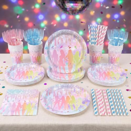 168PCS Katseye Music Girl Group Party Tableware Set for Girls & Fans - Pink & Blue, Serves 24, Gold Glitter Design, Birthday & Celebration Supplies - Variation: Music Girl Group
