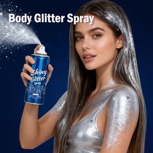 Body Glitter, Glitter Spray for Hair & Body & Face, Hairspray Clothes, Holographic Ultra Long-Lasting Shimmer Suitable Stage, Festival Rave Makeup Prom, Spray for Kids Women Men, Silver