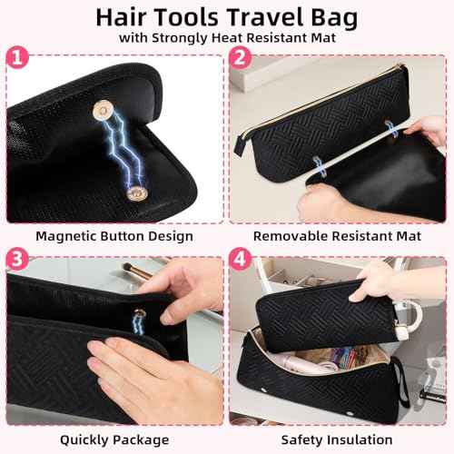 Hair Tools Travel Bag with Heat Resistant Mat, Portable Hair Tool Organizer Travel Carrying Case for Straightener, Flat Iron, Curling Iron, Hair Dryer& Hair Styling Accessories Women (Black)