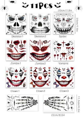 Halloween Face Tattoos - Skeleton Clown Zombie Makeup Kit