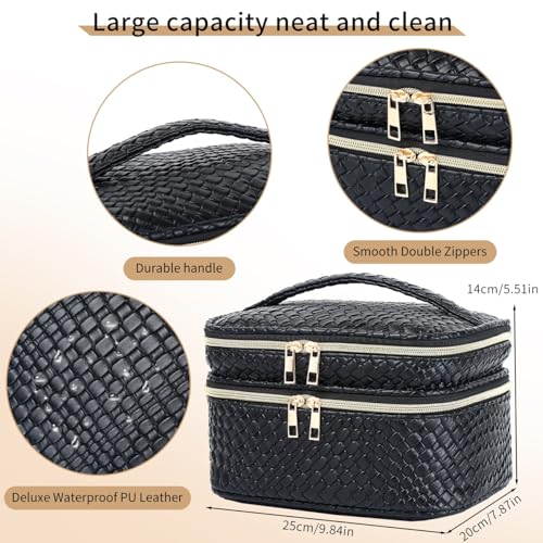 Pinkmik Travel Makeup Bag for Women Double Layer Cosmetic Bag with Jewelry Organizer Large Waterproof Toiletry Bag for Traveling Portable Makeup Storage Box (A/Black)