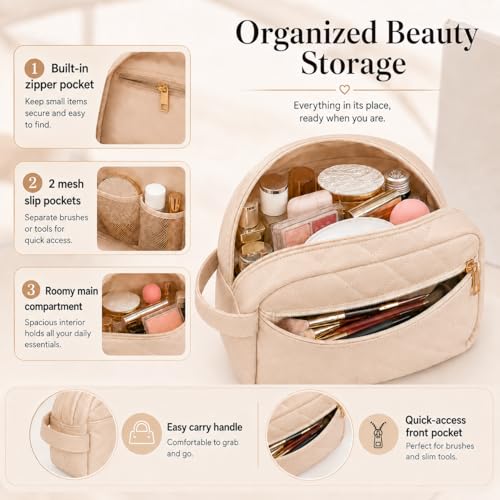 Quilted Travel Makeup Bag for Women - Double-Layer PU Leather Organizer