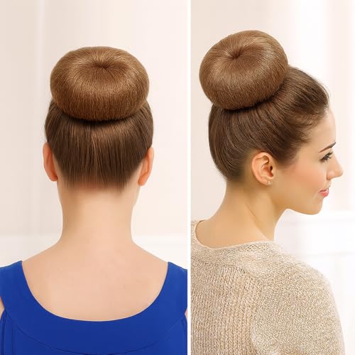 Brown Hair Bun Maker Set - 3 Medium Donuts & Elastic Bands for Kids & Women
