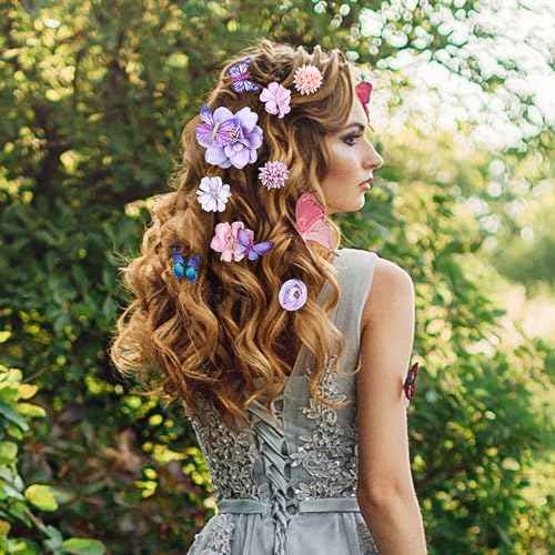 33 Pieces Flower Clip with Butterfly Clip Set Handmade Rose Hair pins Bride Hair Claw Clips Colorful Butterfly Barrettes for Women Girls(Blue Purple)