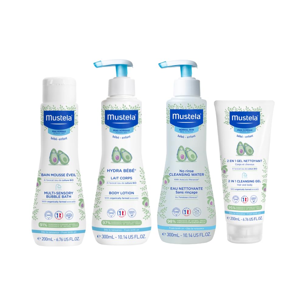 Mustela Baby Bath Time Essentials Gift Set - Natural & Plant-Based Baby Skin Care - 4 Items Set