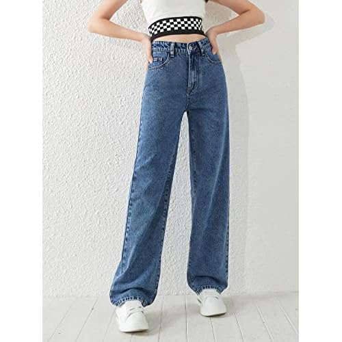 SweatyRocks Girl's Casual High Waist Solid Denim Pants Stretchy Flare Leg Jeans with Pocket