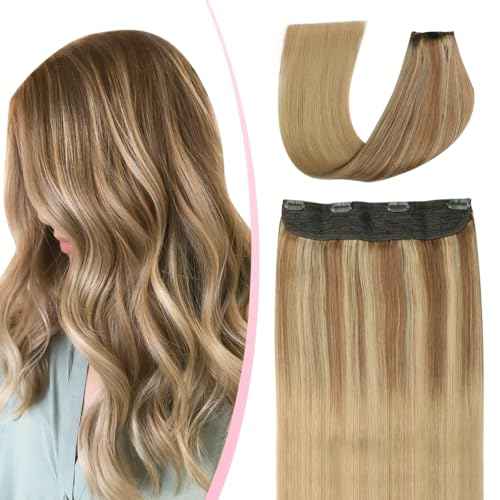 SURNEL Wire Hair Extension Invisible Fish Line Hair Extensions Real Human Hair Ash Brown to Caramel Blonde Wire Hair Extensions for Women 16 inch 65g(#10/16/16,16inch)