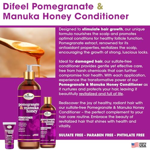 Difeel Pomegranate & Manuka Honey Shampoo & Conditioner 4-PC Set - Includes 33.8oz Shampoo, 33.8oz Conditioner, 8oz Leave in Spray and 7.1oz Hair Oil