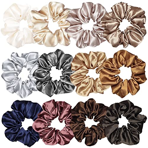 Satin Silk Hair Scrunchies 12 Pack - Soft Elastic Hair Ties