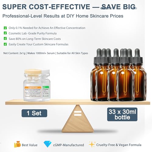 Pure Hyaluronic Acid Powder, Makes 33 oz Low+High Molecular Weight Hyaluronic Acid Serum for Skin, Cosmetics Grade, Non-GMO, Only Need Add 0.1-0.5% Effective DIY HA Serum Skincare Hydrating Anti-aging