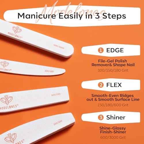 Modelones Nail Files and Nail Buffers Blocks 4 PCS, Double Side Trimed & Shaped Emery Board 100/150/180 Grits 600/3000 Nail Shine Polishing Stick, Reusable Washable Anti-bend Anti-drop Particles White