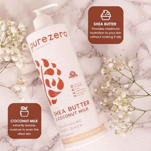 Purezero Shea Butter & Coconut Milk Body Wash - 20oz Leaves Skin Hydrated and Fresh, Maintain Elasticity and Smoothness, Zero Sulfates, Zero Parabens
