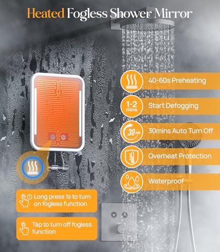 Gospire Heated Fogless Shower Mirror with Light & Razor Holder