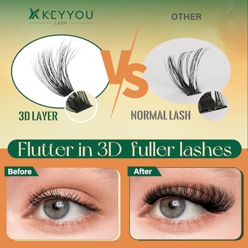 KEYYOU 3D Volume Lash Clusters Kit - 280Pcs D Curl with Bond & Tweezers