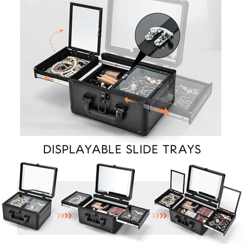 Makeup Case With LED Lighted Mirror 11.2 Inch Travel Makeup Train Case Adjustable Brightness in 3 Colors Cosmetic Organizer Artist Storage Box 2 Trays with Dividers Hard Make Up Vanity Black