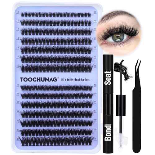 Lash Extension Kit Fluffy Eyelash Extension Kit 60D+80D Thick Lash Clusters Kit with Lash Bond and Seal Wispy Individual Eyelashes Cluster with Lashes Tweezers by TOOCHUNAG(280Pcs,10-18mm)