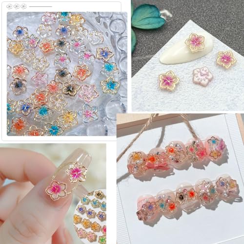 50Pcs Flower Nail Charms 3D Lovely Flower Charms Nail Rhinestones Gold Edge Glaze Design Resin Nail Jewels Colorful Floral Nail Art Charms Supplies Cherry Blossom Petals Nail Gems for Acrylic Nails