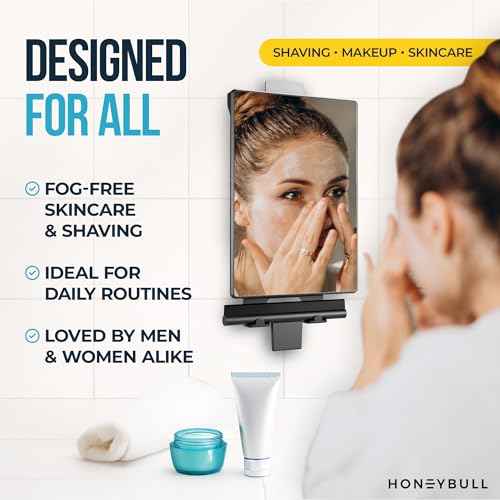 HONEYBULL Fogless Shower Mirror for Shaving ? Anti Fog Mirror for Shower with Water Tank, Adhesive Hook Mount, Bonus Razor Holder & Squeegee ? for Men and Women, Small Bathroom Accessory (Black)