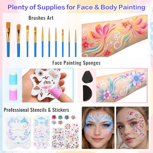 42-Color Face Paint Kit with Brushes & Stencils