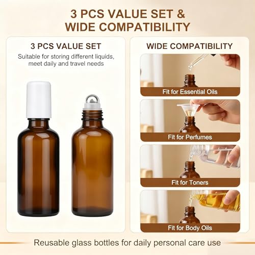 3PCS 15ml Amber Glass Roller Bottles with Stainless Steel Balls