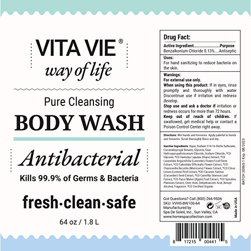 Body Wash Refill, Lemon Scent, Antibacterial Soap for Hands and Forearms With Hazel, Willow Bark Extract, and Tea Tree Oil, Clean Nourishing Formula, Vegan, Paraben Free, Non GMO, 64 FL Oz