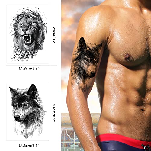 Temporary Tattoos Animal, 6-Sheet Wolf Lion Large Temporary Tattoo for Men, Waterproof Long Lasting Tattoos Realistic Fake Tattoos for Women Kids