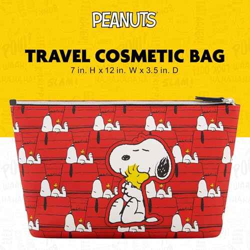 Peanuts Snoopy and Woodstock Women's Makeup Bag, Small Travel Cosmetic Zipper Pouch Organizer, Red