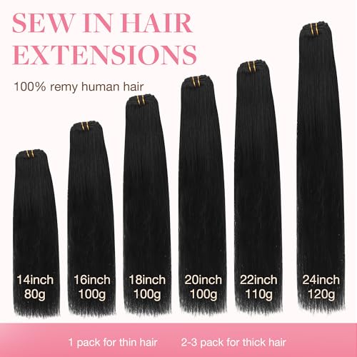 GOO GOO Double Weft Sew In Human Hair Extensions - 22 Inch 110g #1 Jet Black