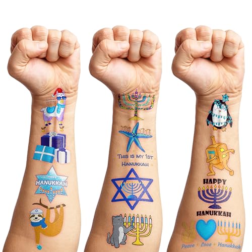 Cute Hanukkah Temporary Tattoos 10 Sheets 100 PCS Kwanzaa Party Decorations Favors Supplies Hanukkah Theme Birthday Stickers Halloween Gifts for Boys Girls Kids Class School Prizes Carnival Christmas
