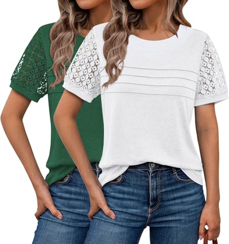 Women's Lace Sleeve Summer Top - Casual Crewneck Blouse
