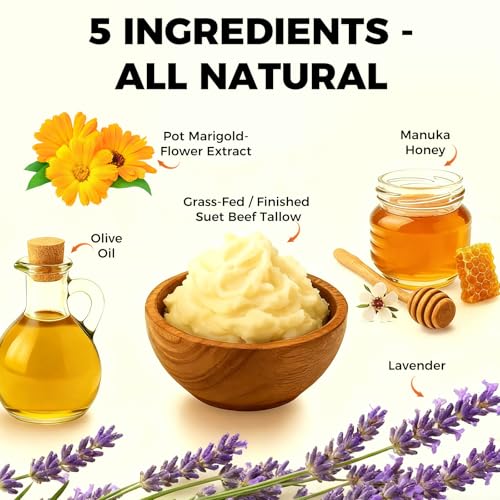 Beef Tallow for Skin - Organic Grass Fed Whipped Moisturizer with Honey Balm, Natural Hydrating Cream for Face & Body, Relief for Dry & Sensitive Skin (4.23oz, Lavender)