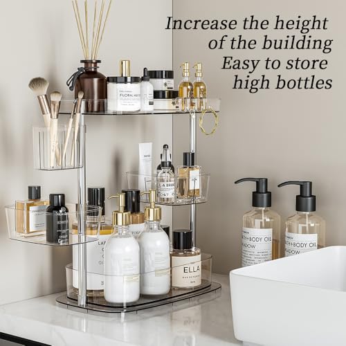 Clear Acrylic Makeup Organizer, Multi-Tier Cosmetic Storage Rack with Side Containers, Large Capacity Skincare Holder for Bathroom Counter, Vanity & Desk