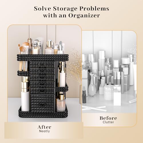 360 Rotating Makeup Organizer for Vanity, Large Skin Care Organizer with 6 Drawers Clear Acrylic Cosmetic Organizer Adjustable Spinning Makeup Storage Perfume Organizer for Dresser (Black)