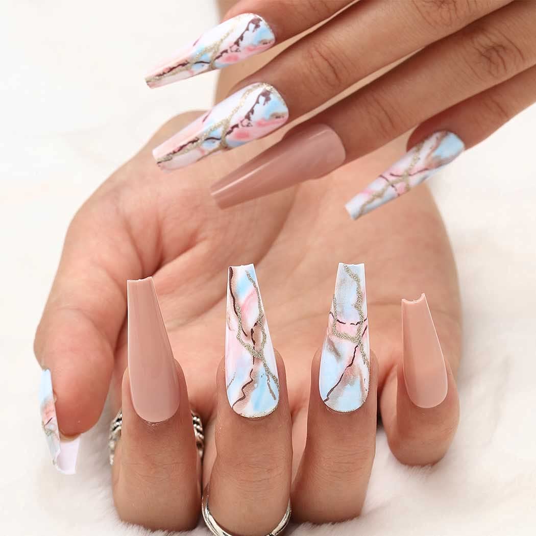 Outyua Marble Pattern Fake Nails Glossy Nude Coffin Extra Long Press on Nails with Designs Ballerina Acrylic False Nails Full Cover Nails 24pcs