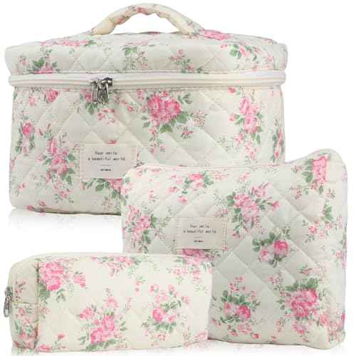 Cute Makeup Bag for Women(2 Pcs), Travel Cosmetic Bags, Quilted Coquette Aesthetic Floral Toiletry Organizer Bag (21 - Pink Flower)