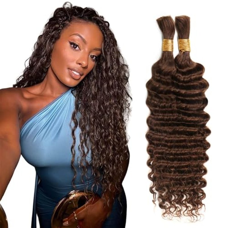 #4 Brown Deep Wave Bulk Hair Extensions - 20 Inch Unprocessed Brazilian Virgin Hair (2 Bundles)