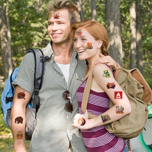 96pcs Camping Temporary Tattoos,Funny Camp Themed Fake Tattoo Stickers for One Happy Camper Birthday Party,Camping Party Favors Supplies Decorations