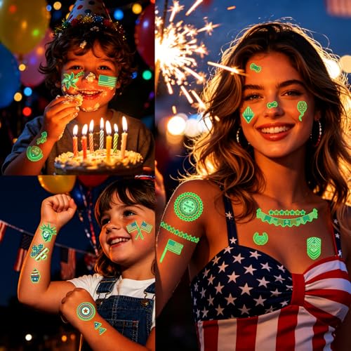 4th of July Glow in Dark Face Tattoos - Patriotic Temporary Tattoos