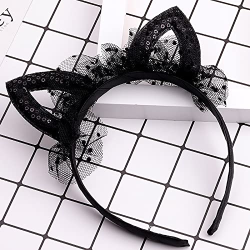 GKMAJKMB Black with Bowknot Sweet Lace Cat Ears Headband Hair Hoop Masquerade Party Hairband Cosplay for Women Girls (Black)