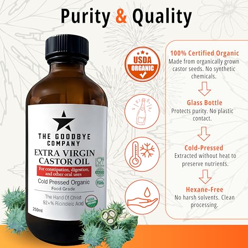 The Goodbye Company Extra Virgin Castor Oil 250ml - USDA Organic & Cold Pressed