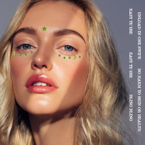 Moon Stars Face Gems Jewels Stick for Women Hair Face Diamonds Crystal Rhinestones Rave Party Festival Alien Club Body Face Eye Nail Makeup Stickers Temporary Tattoos (Green)