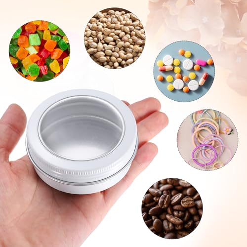 uxcell 2 Oz Tin Cans, 40 Pcs Aluminum Round Tins, Travel Sized Small Metal Tins Cosmetic Sample Containers with Clear Lid for Lotion Bars Beard Balms Candles, White